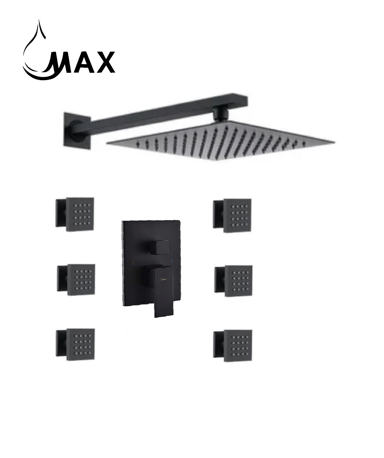 MAX Faucets matte black shower system with 6 body jets