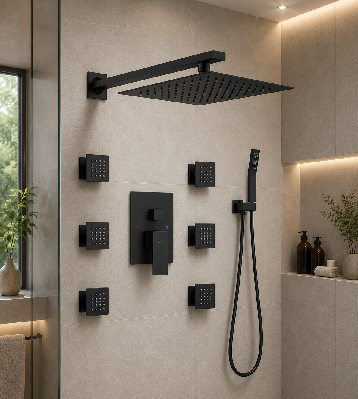 Modern spa bathroom with matte black rainfall shower system and body spray jets
