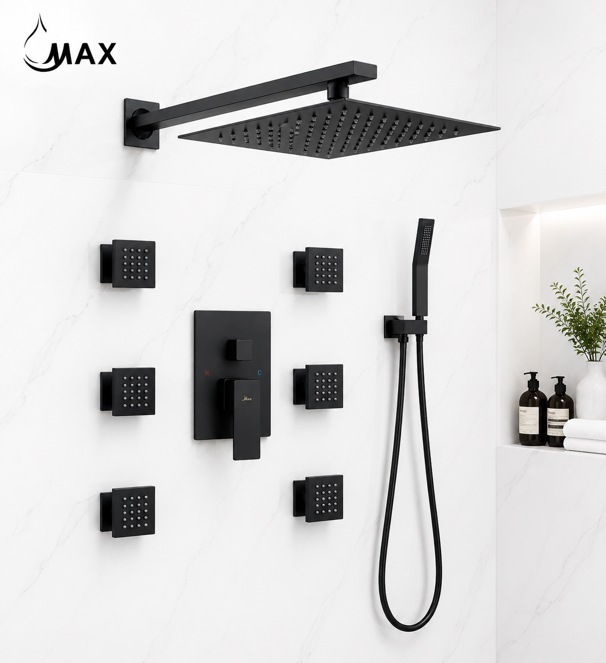 Luxury white bathroom featuring MAX Faucets matte black shower system with 6 body jets