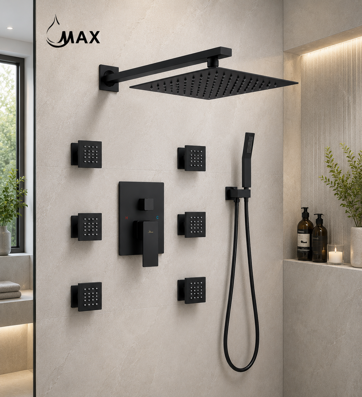 Black shower system with multiple control handles mounted on a tiled wall in a bathroom setting.