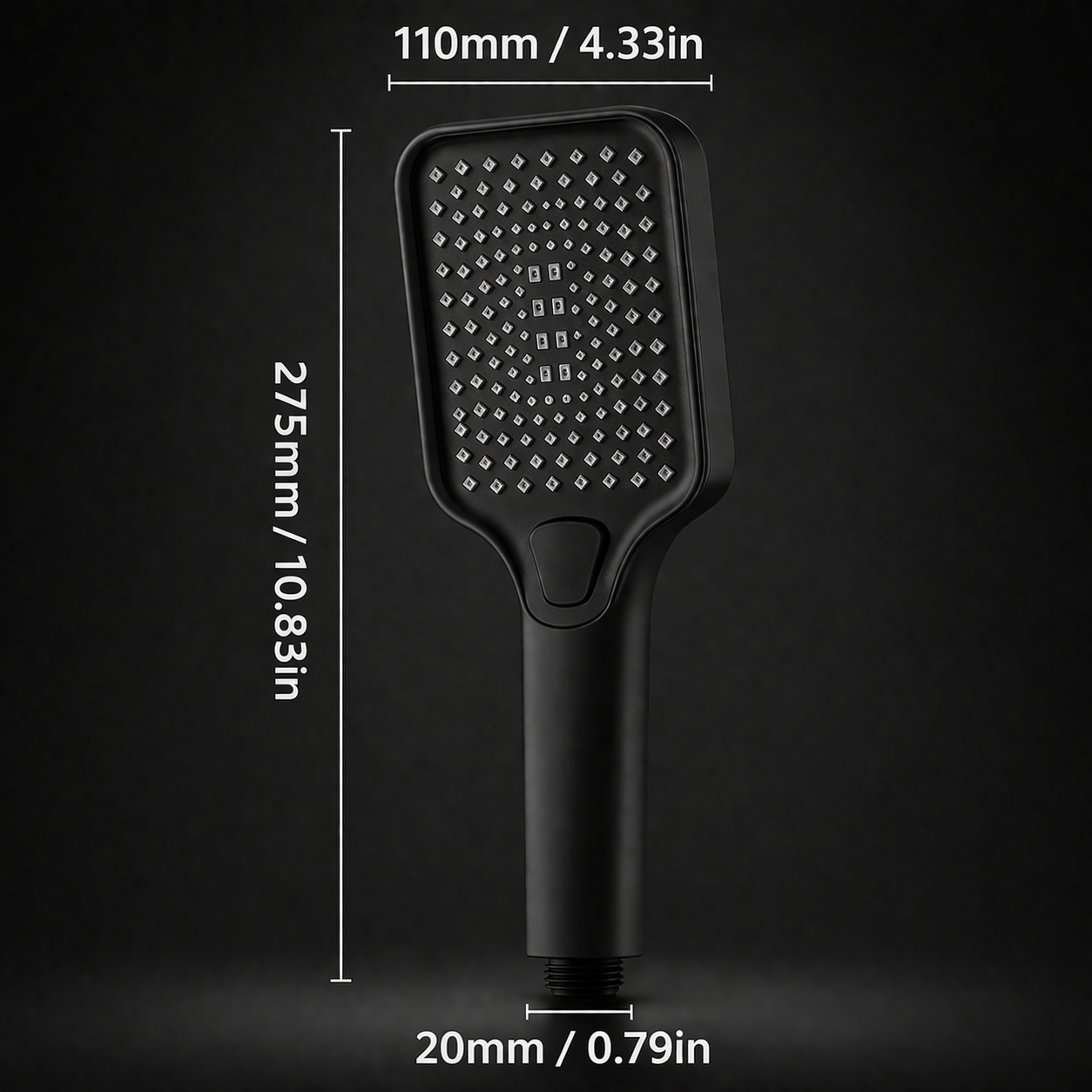 Matte black square handheld shower massage spray size
