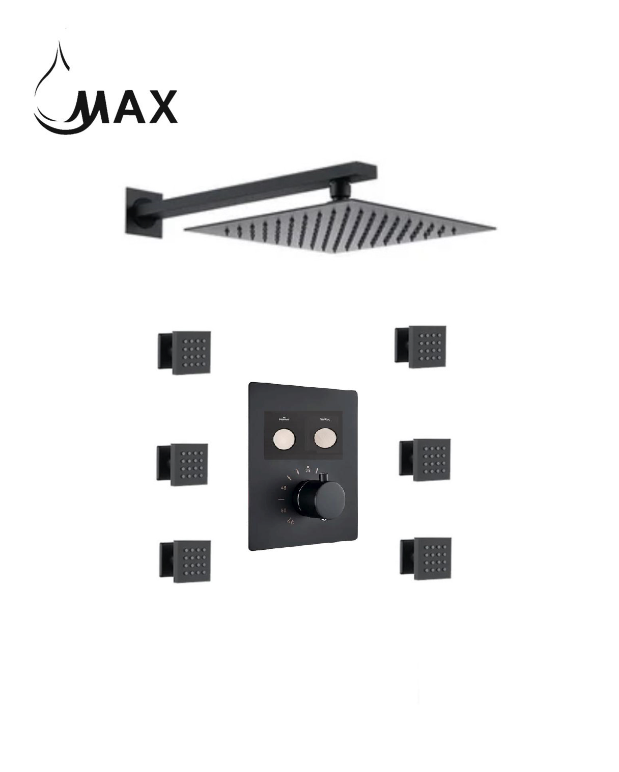 MAX Faucets matte black thermostatic shower system with 6 body jets and rainfall shower head