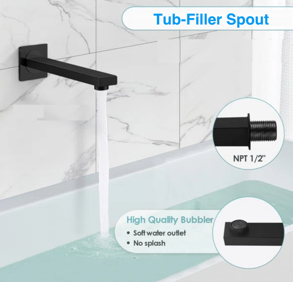 Aerator detail of MAX Faucets matte black tub filler spout soft water flow no splash