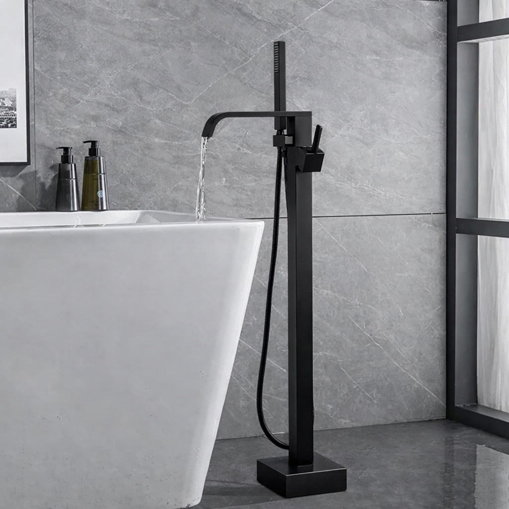 MAX Faucets Matte Black Tub Filler Faucet Single Handle Waterfall Floor Mounted With Rough-In And Handheld HM-8022W-MB