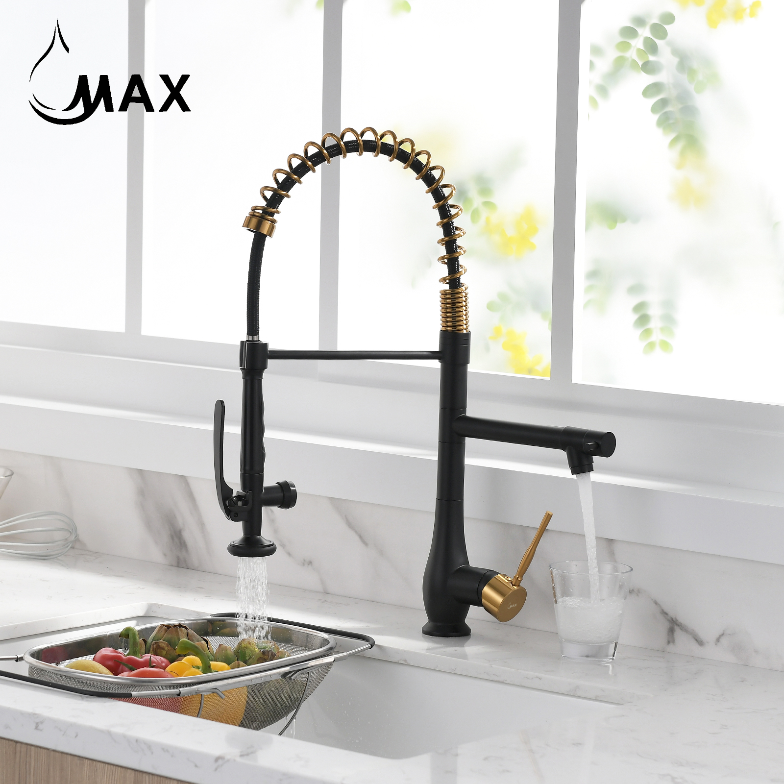 MAX Faucets MB-19266-MB/BG 22-inch pre-rinse chef-style kitchen faucet in matte black and brushed gold with separate pot filler spout
