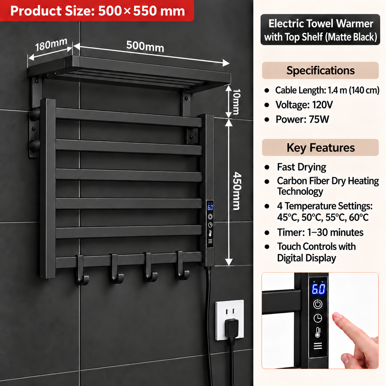 Black electric towel warmer with top shelf mounted on a dark tiled wall, shown with product dimensions, specifications, key features, and a small inset of a finger touching the digital display.