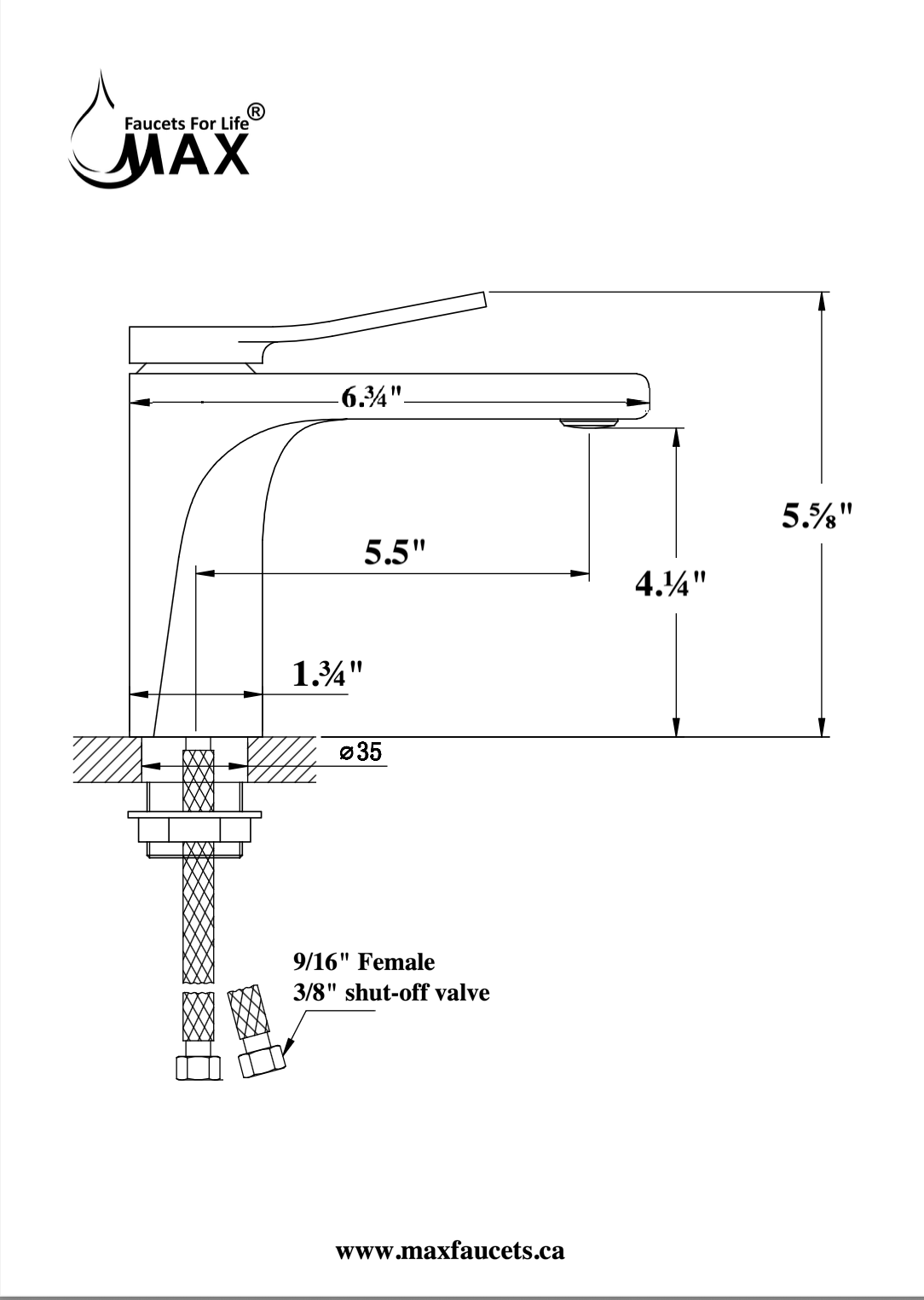 MAX Faucets MW-1906-BG brushed gold bathroom faucet dimensions diagram