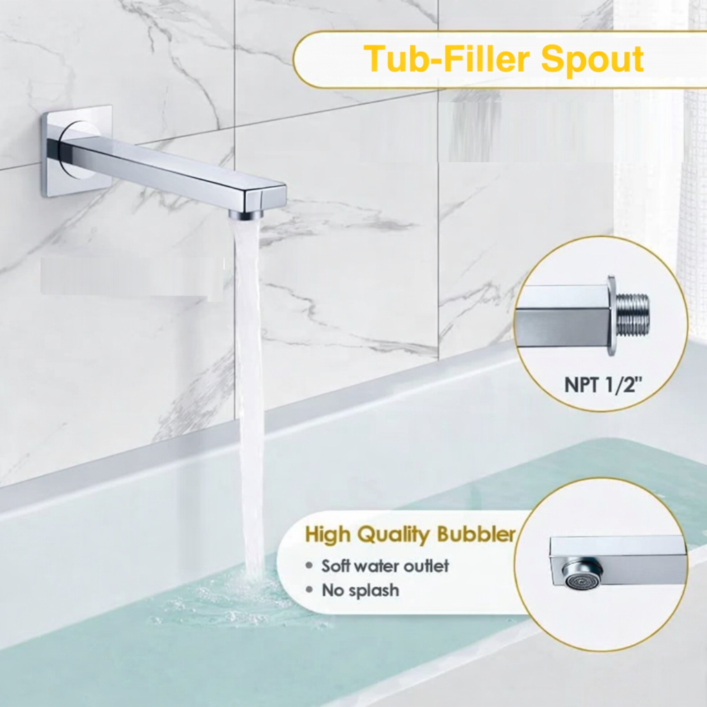 MAX Faucets polished chrome wall mounted tub spout installed above bathtub