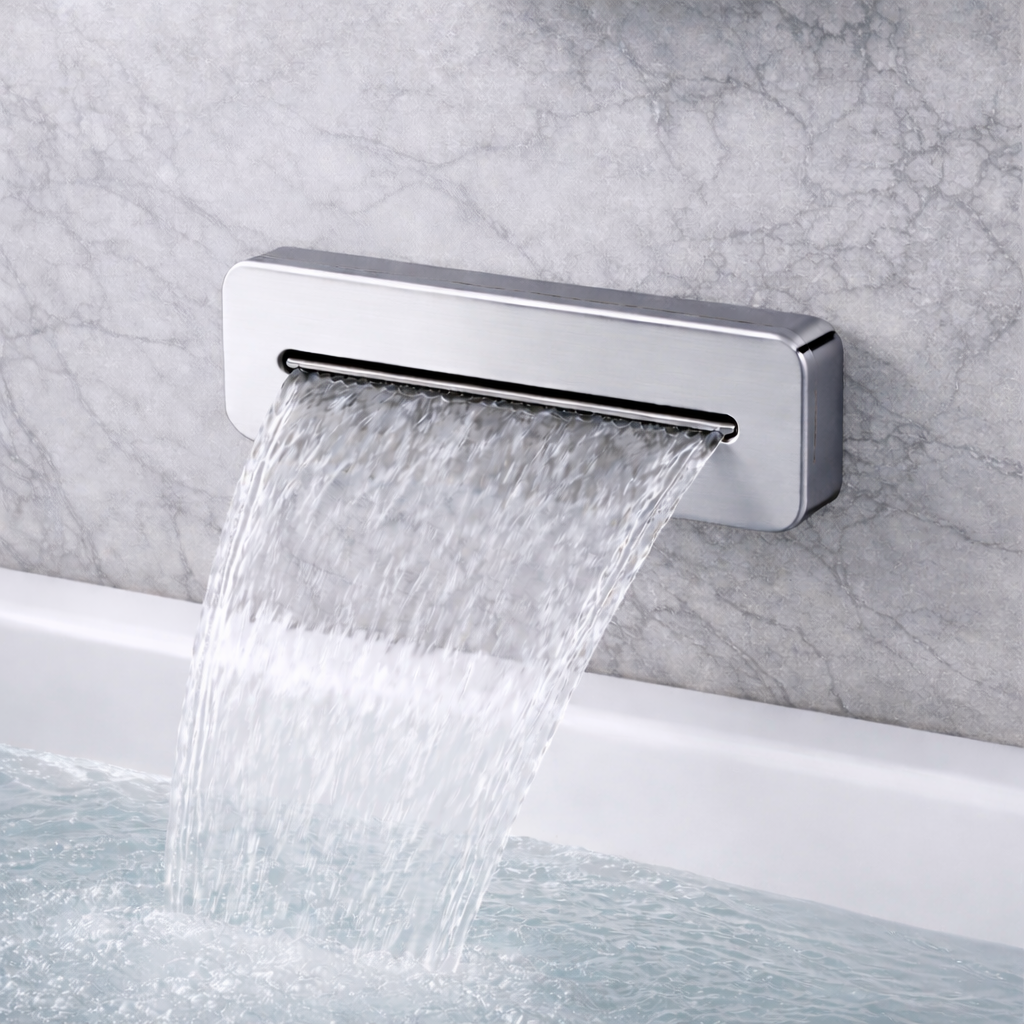 Polished chrome waterfall bathtub spout by MAX Faucets luxury ceiling shower system
