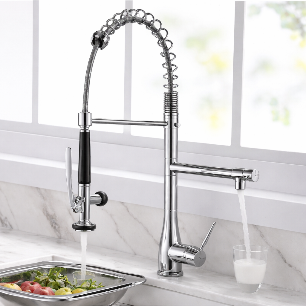 MAX Faucets pre-rinse chef-style kitchen faucet with separate pot filler spout in high-arc commercial design