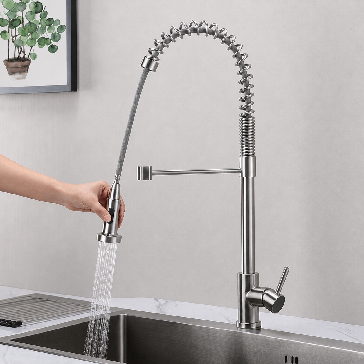 MAX Faucets 24 inch pull-down spring kitchen faucet in brushed nickel finish with single handle and commercial style high-arc design