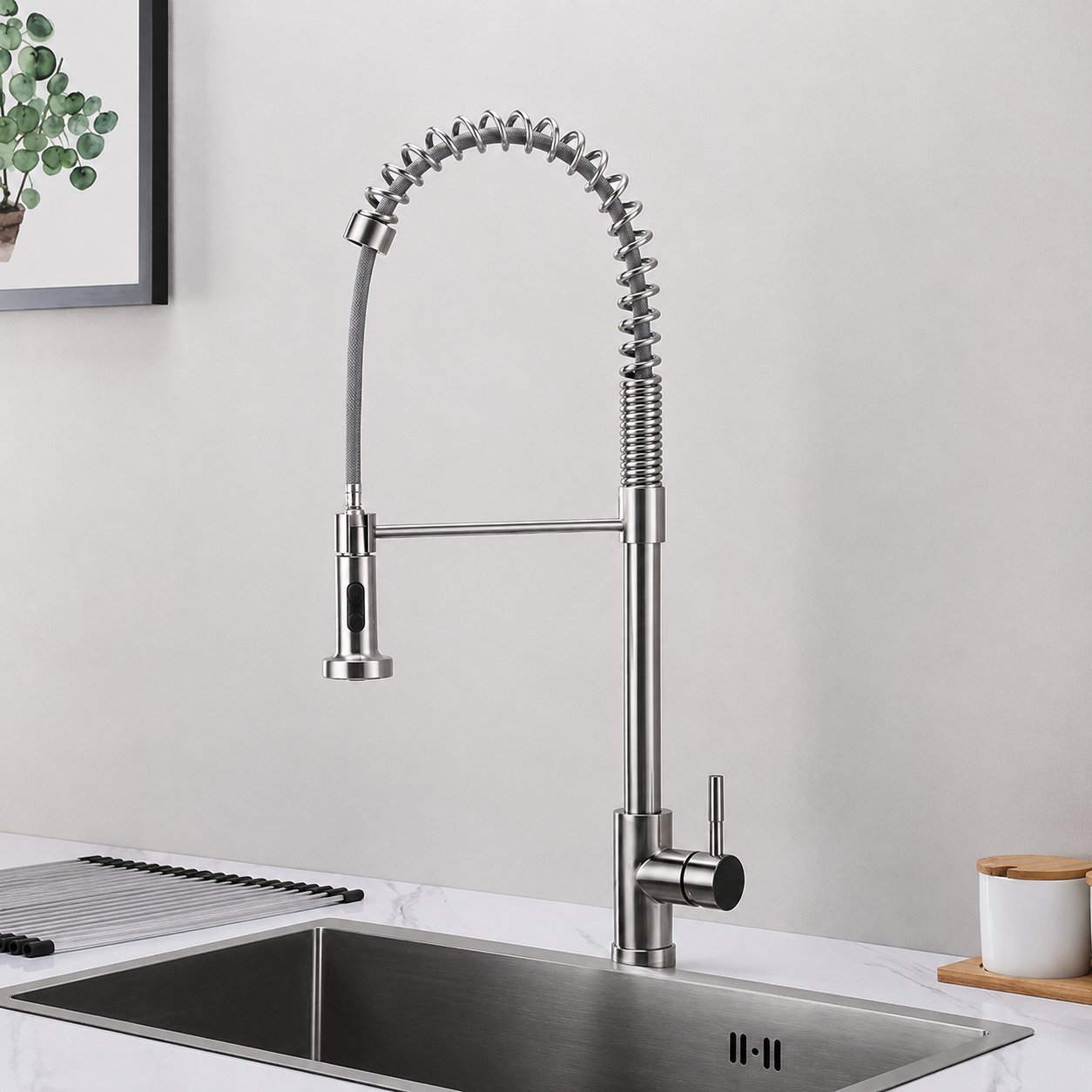 MAX Faucets 24 inch pull-down spring kitchen faucet in brushed nickel finish with single handle and commercial style high-arc design