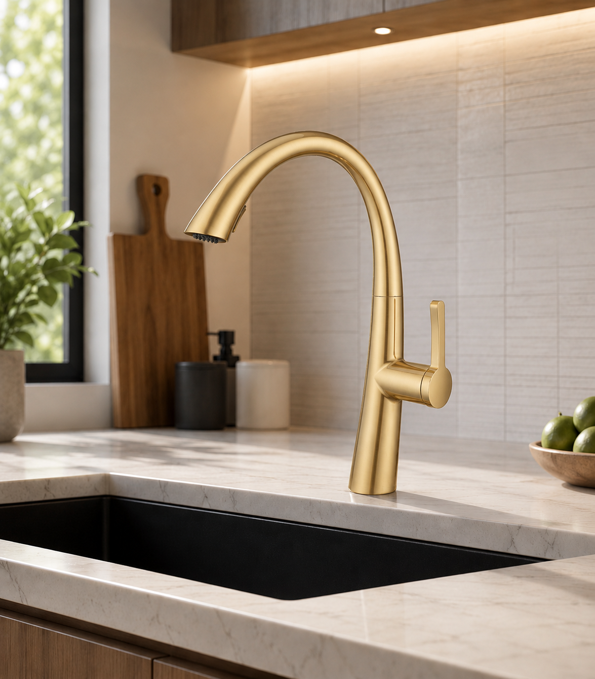 MAX Faucets Pull-Out Kitchen Faucet – Single Handle High-Arc Gooseneck 16" Brushed Gold Kitchen Faucet