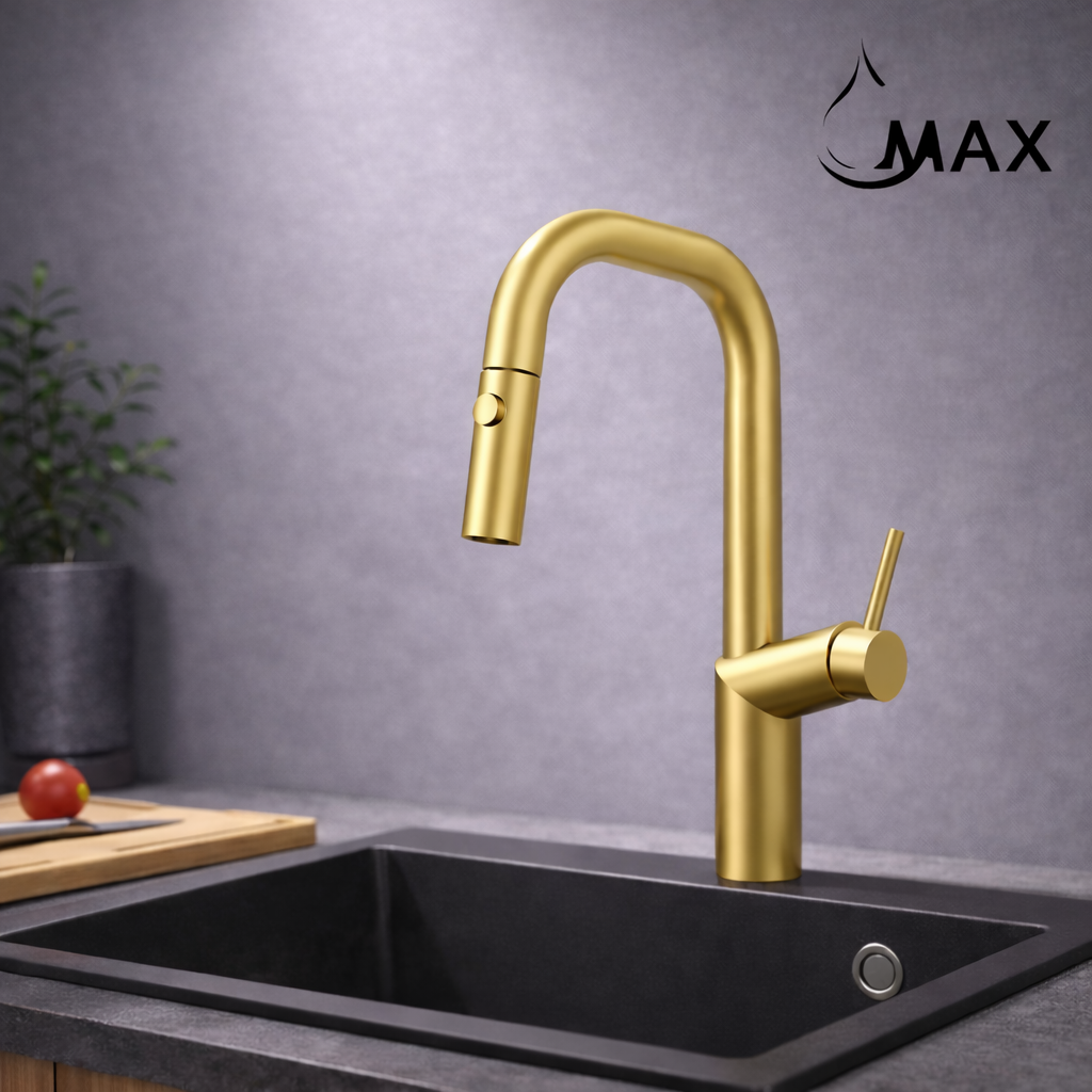 Brushed gold pull-out kitchen faucet with modern gooseneck design by MAX Faucets®
