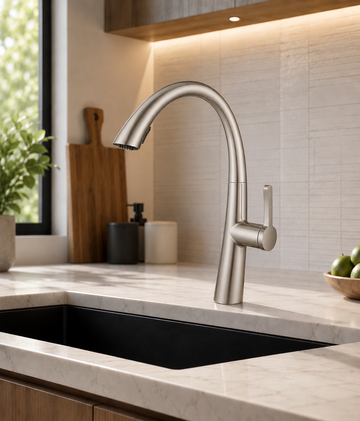 MAX Faucets pull-out kitchen faucet in brushed nickel finish with high-arc gooseneck desig