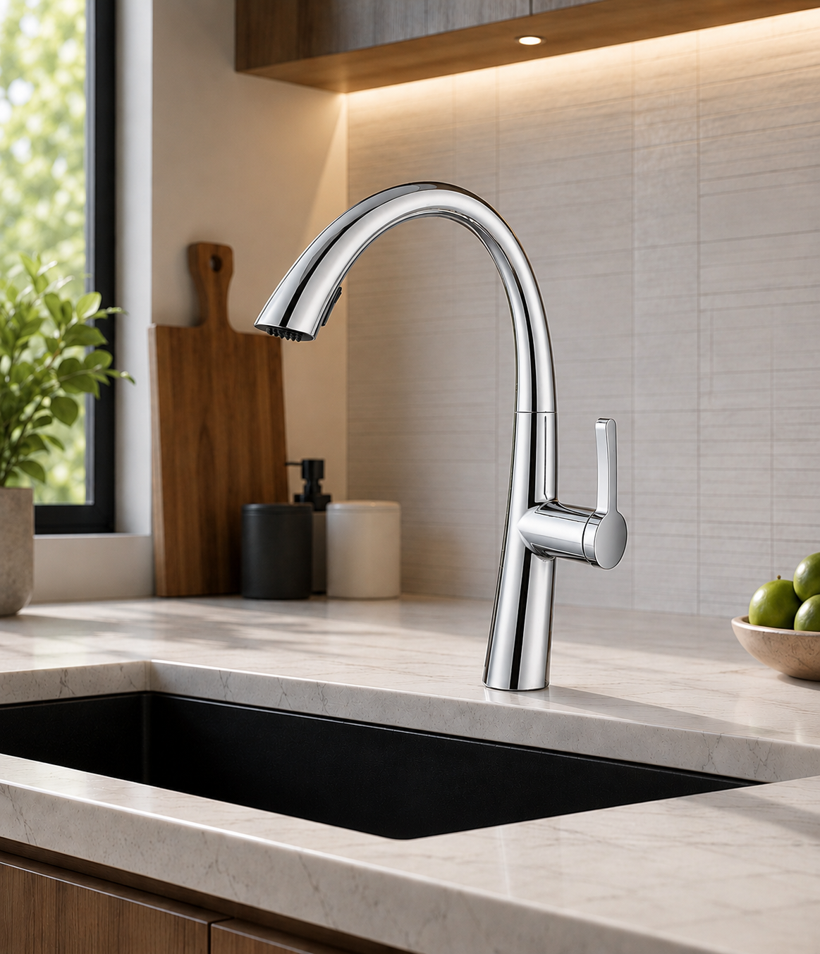 MAX Faucets pull-out kitchen faucet in chrome finish with high-arc gooseneck design