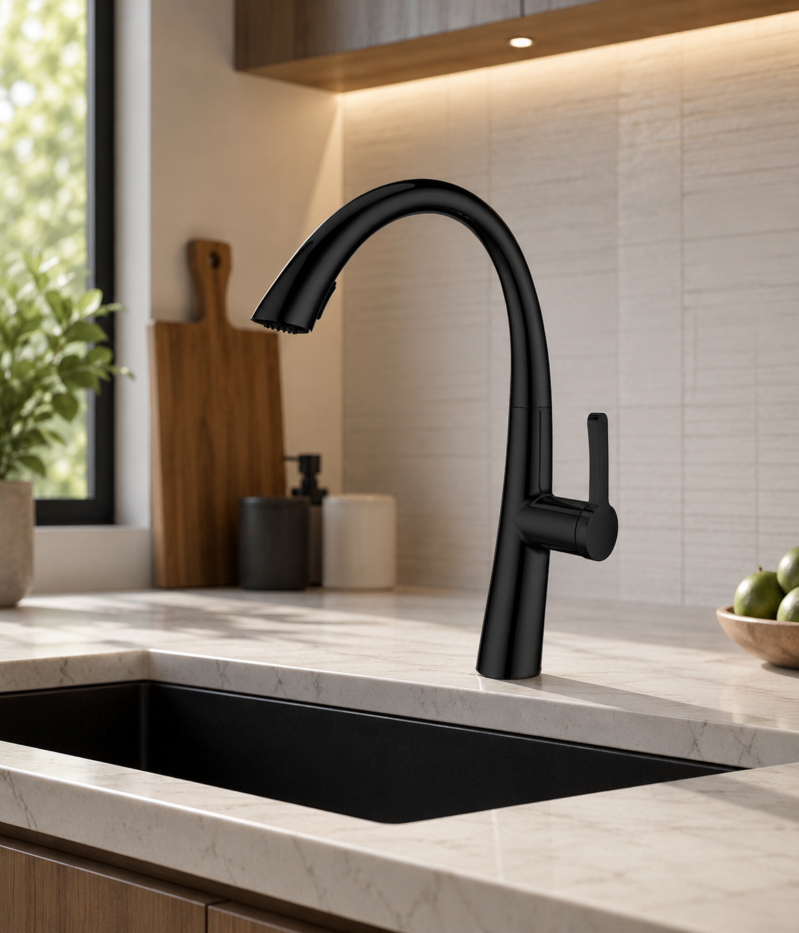 MAX Faucets pull-out kitchen faucet in matte black finish with high-arc gooseneck design