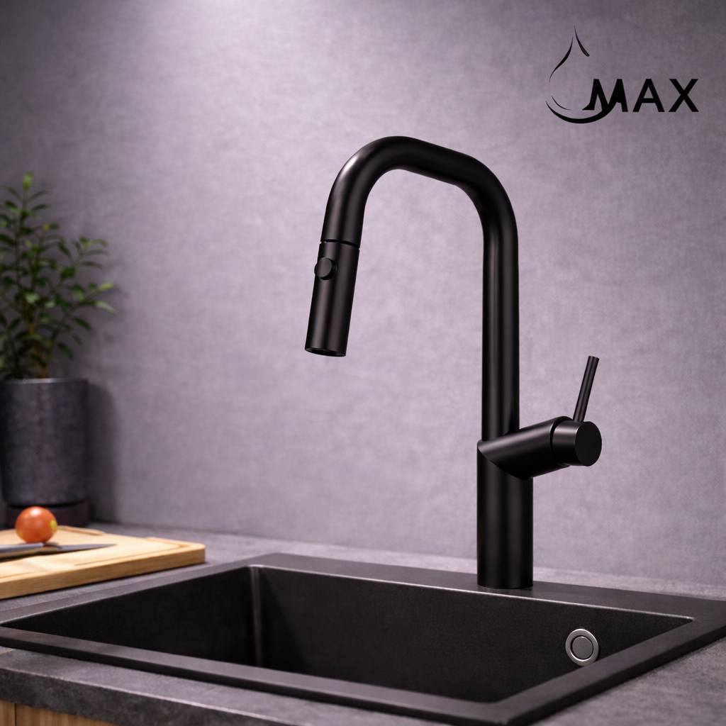 Matte black pull-out kitchen faucet with gooseneck design by MAX Faucets®