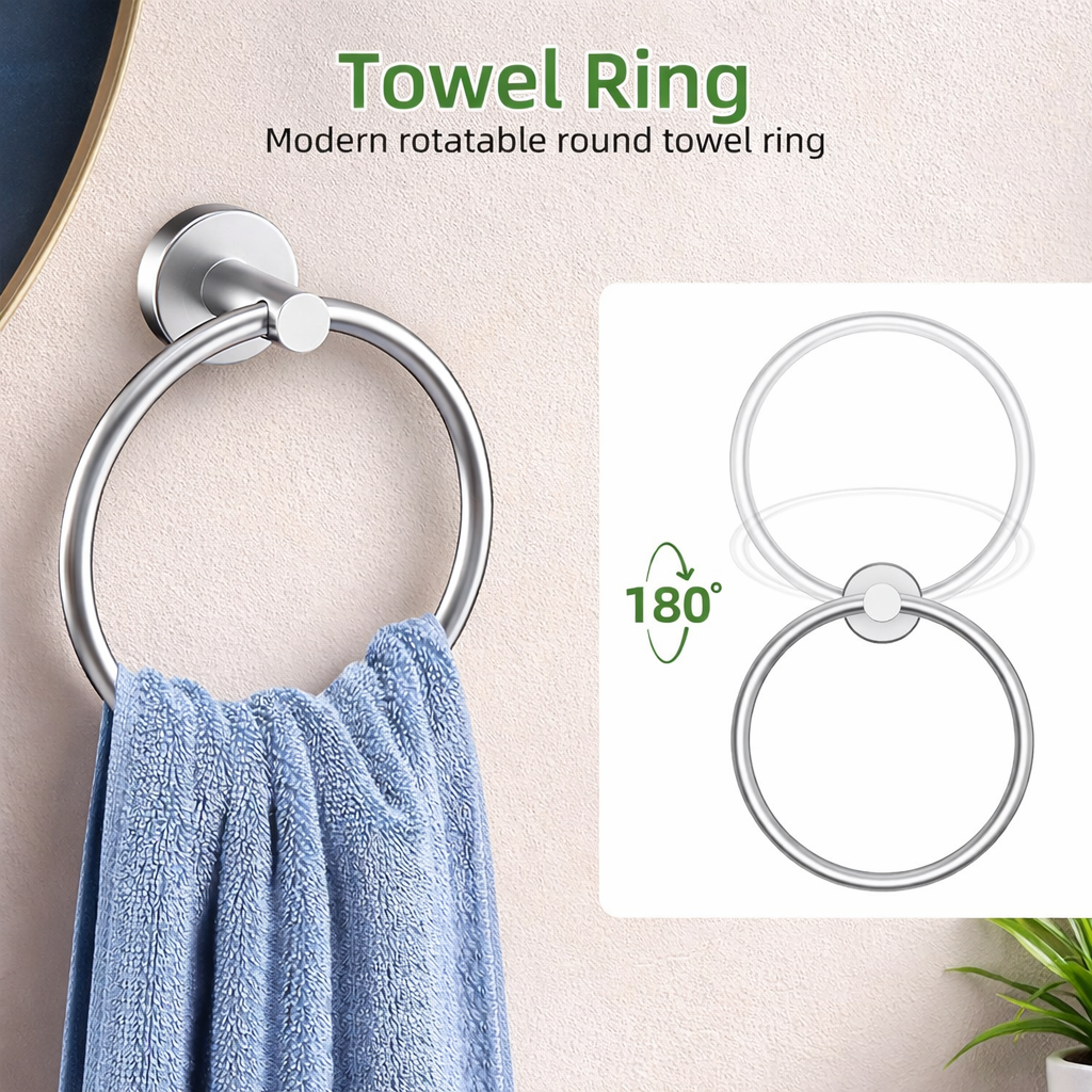 Brushed nickel towel ring with 180-degree rotation holding a blue towel