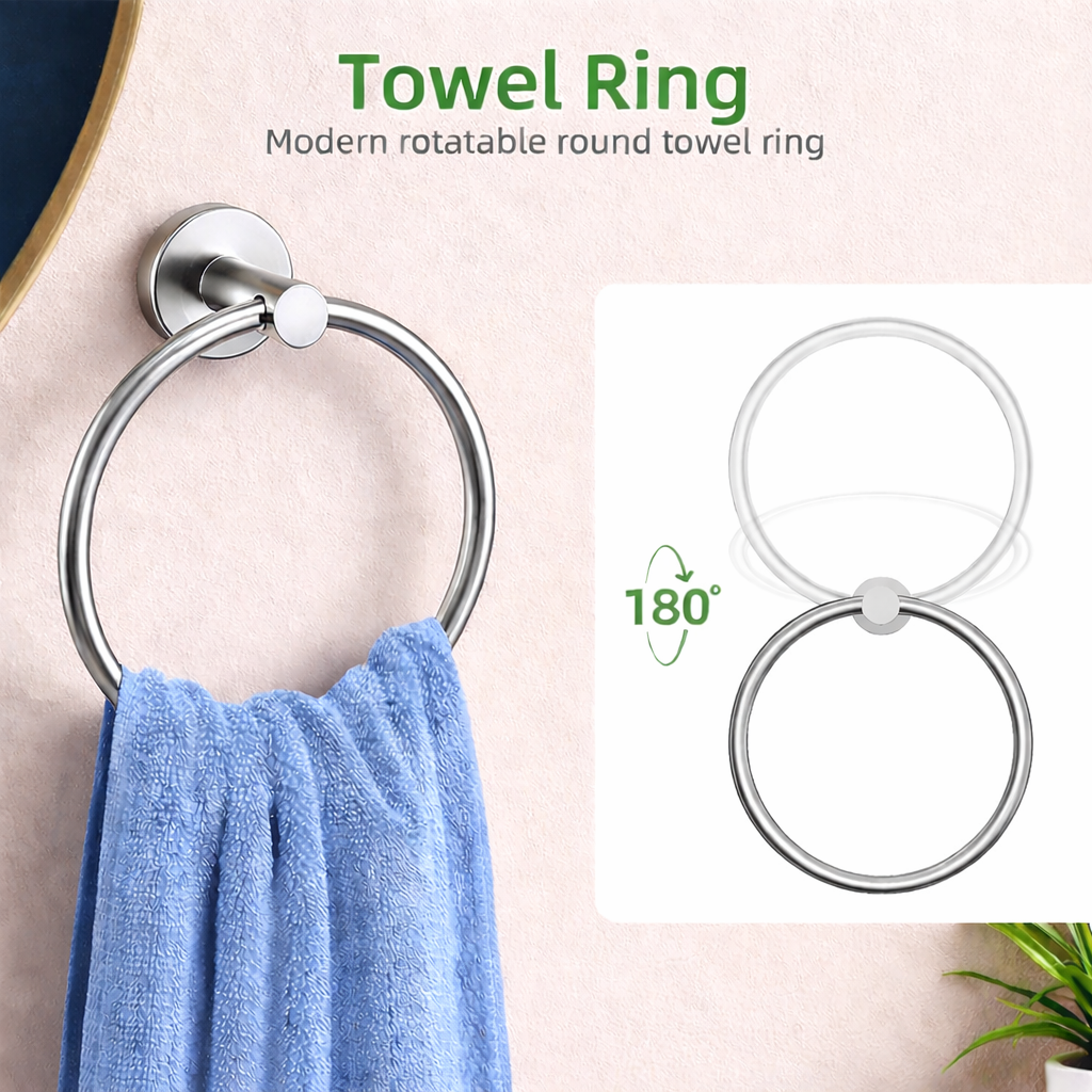 Modern chrome towel ring with 180-degree rotation for flexible use in bathroom