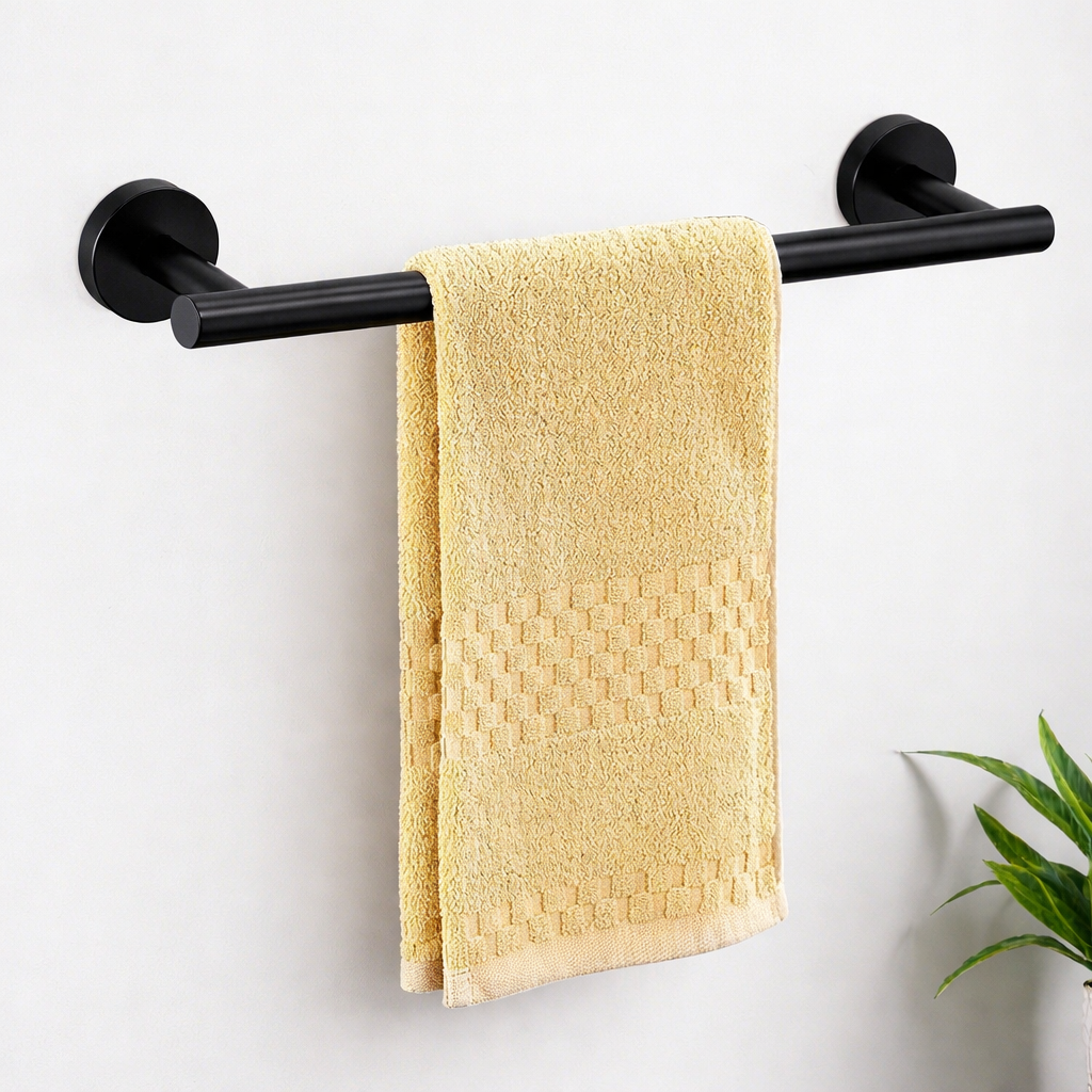 Matte black bathroom accessories set dimensions including towel bar, towel ring, hooks, and toilet paper holder