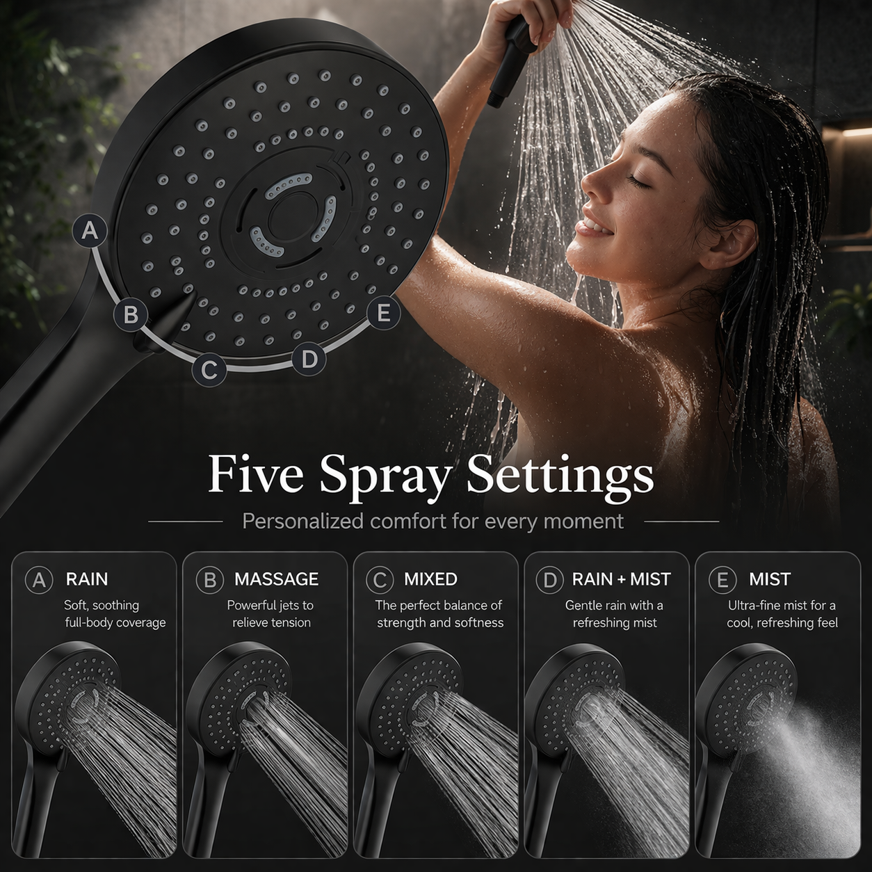 Round handheld shower with five spray settings rain massage mist modes