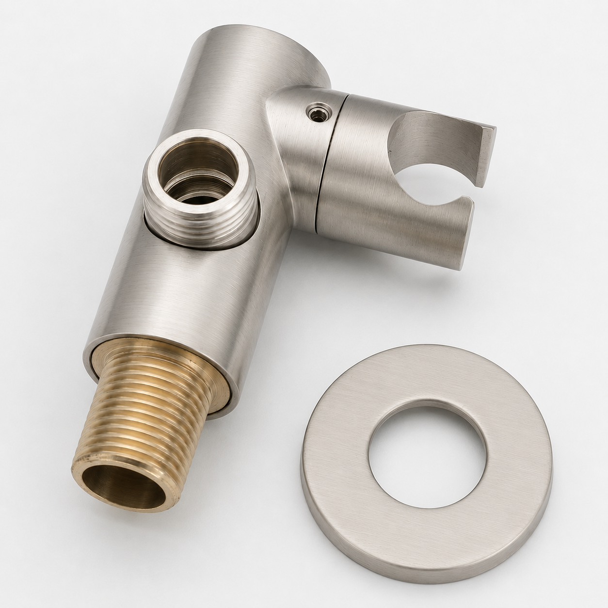 MAX Faucets round shower outlet elbow with adjustable handheld shower holder in brushed nickel finish