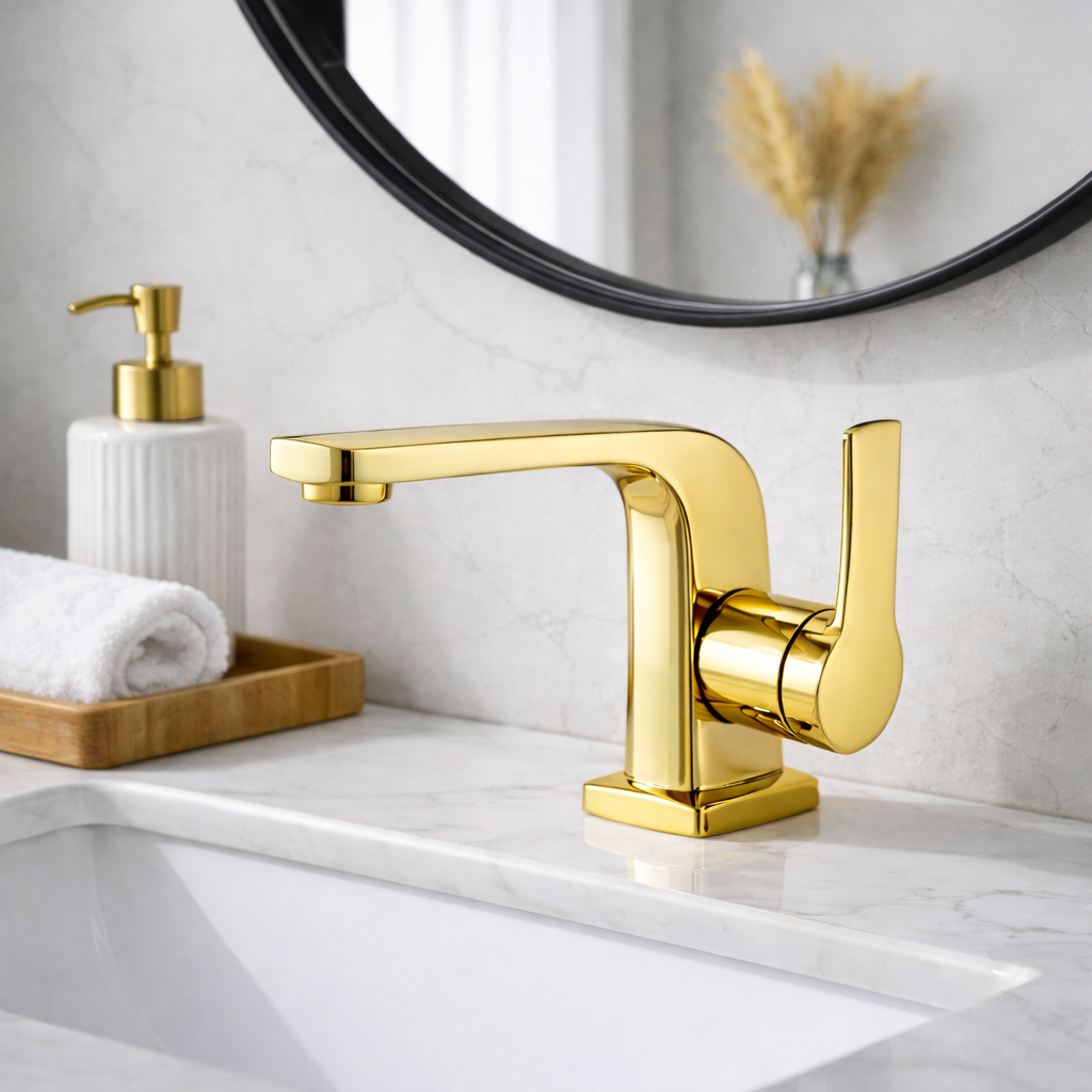MAX Faucets shiny gold bathroom faucet with modern side handle design