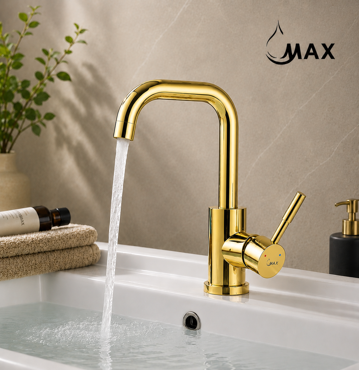 MAX Faucets shiny gold bathroom faucet with side handle and 360° swivel spout.