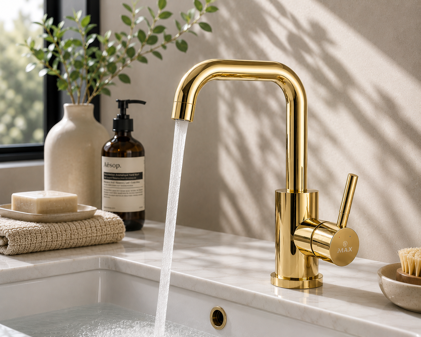 Shiny gold bathroom faucet by MAX Faucets styled in a luxury bathroom setting.