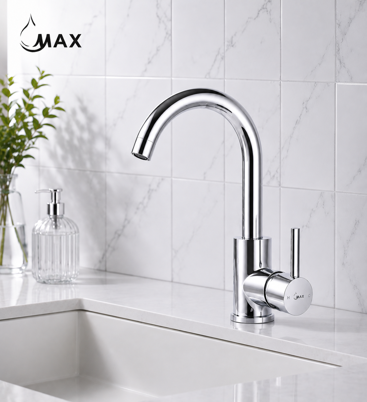 Ergonomic side handle on MAX Faucets chrome bathroom faucet for easy water control.