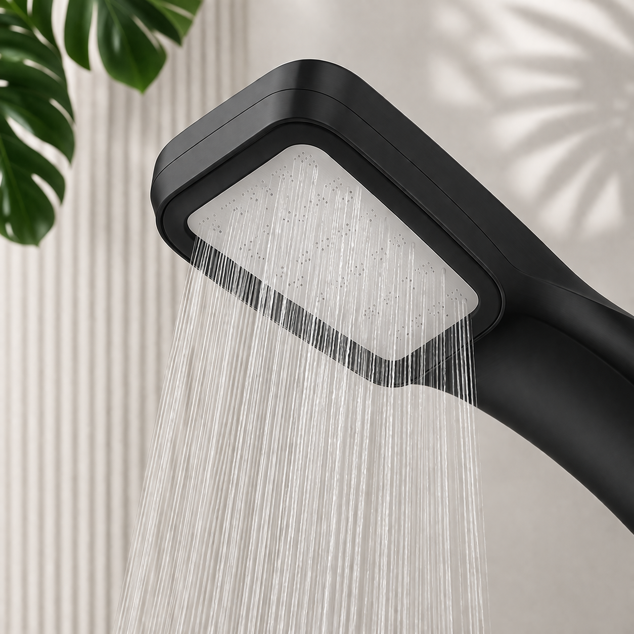 Hand holding matte black slim handheld shower with water flow