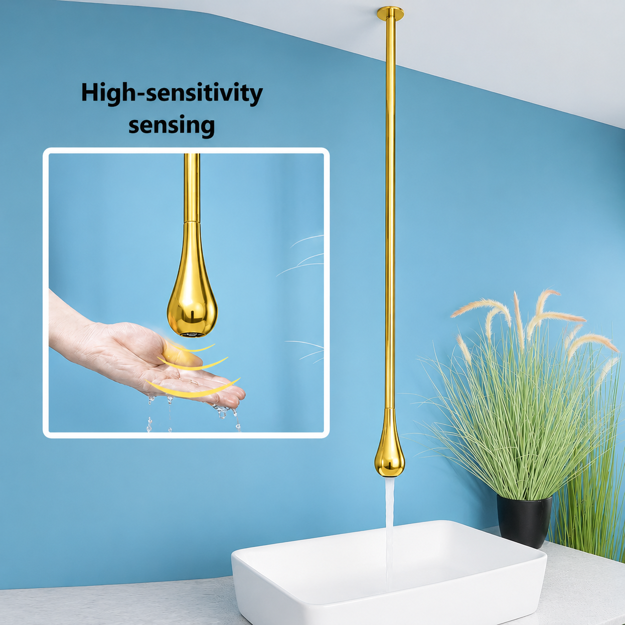 MAX Faucets Smart Touchless Ceiling-Mounted Bathroom Faucet in Shiny Gold Finish