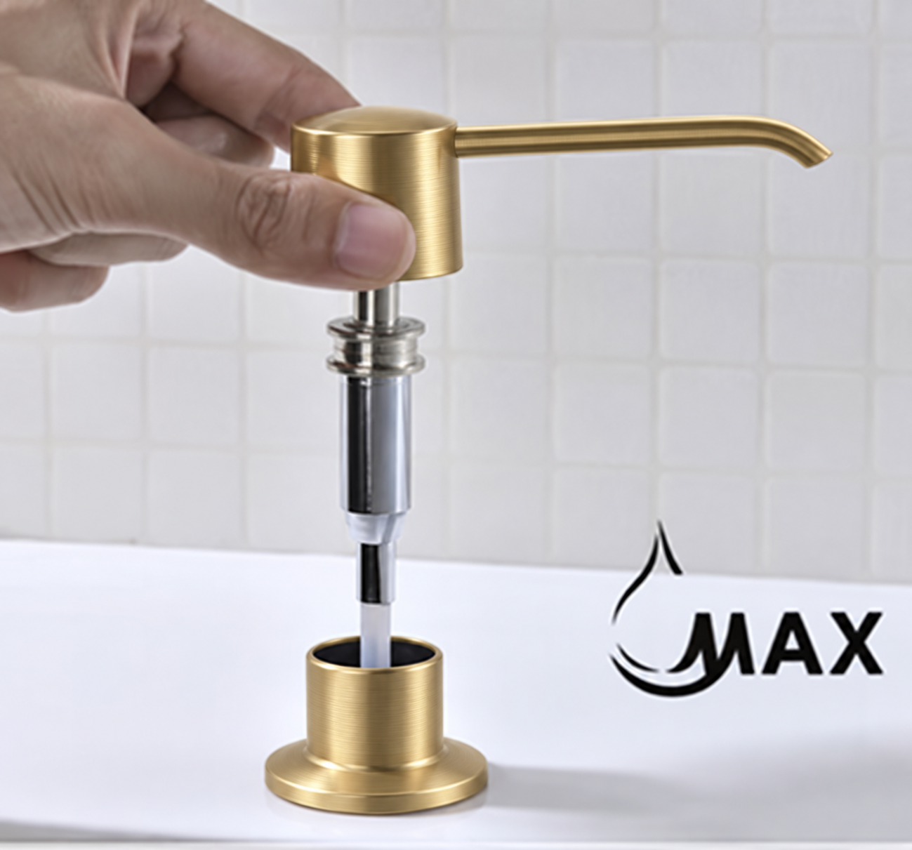 MAX Faucets® MP-12122-BG brushed gold soap dispenser showing the removable pump for top refilling.
