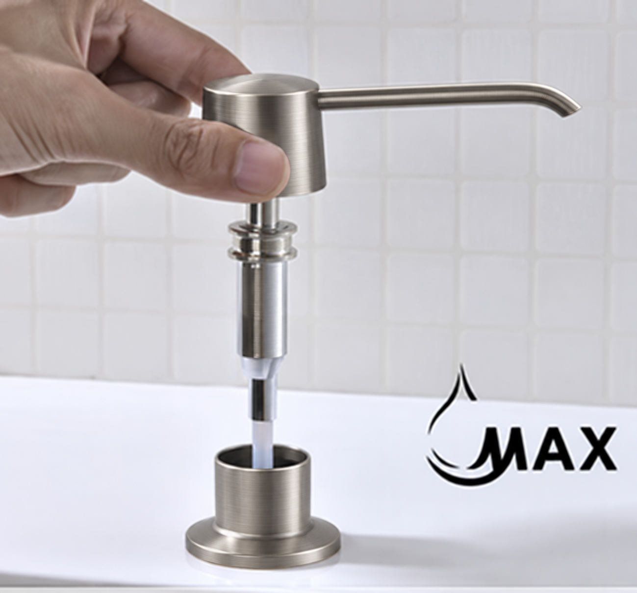 MAX Faucets® MP-12122-BN brushed nickel soap dispenser showing the removable pump for top refilling.