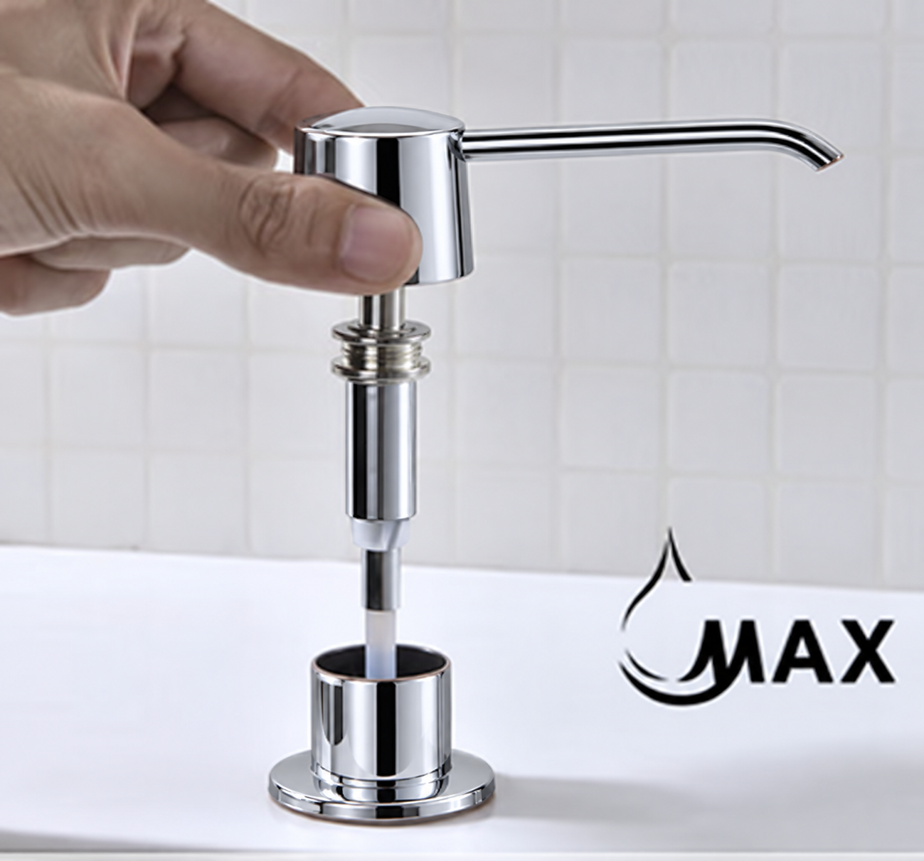 MAX Faucets® MP-12122-C chrome soap dispenser showing the removable pump for top refilling.