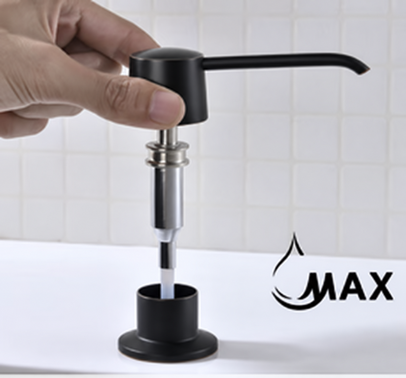 MAX Faucets® MP-12122-MB matte black soap dispenser showing the removable pump for top refilling.