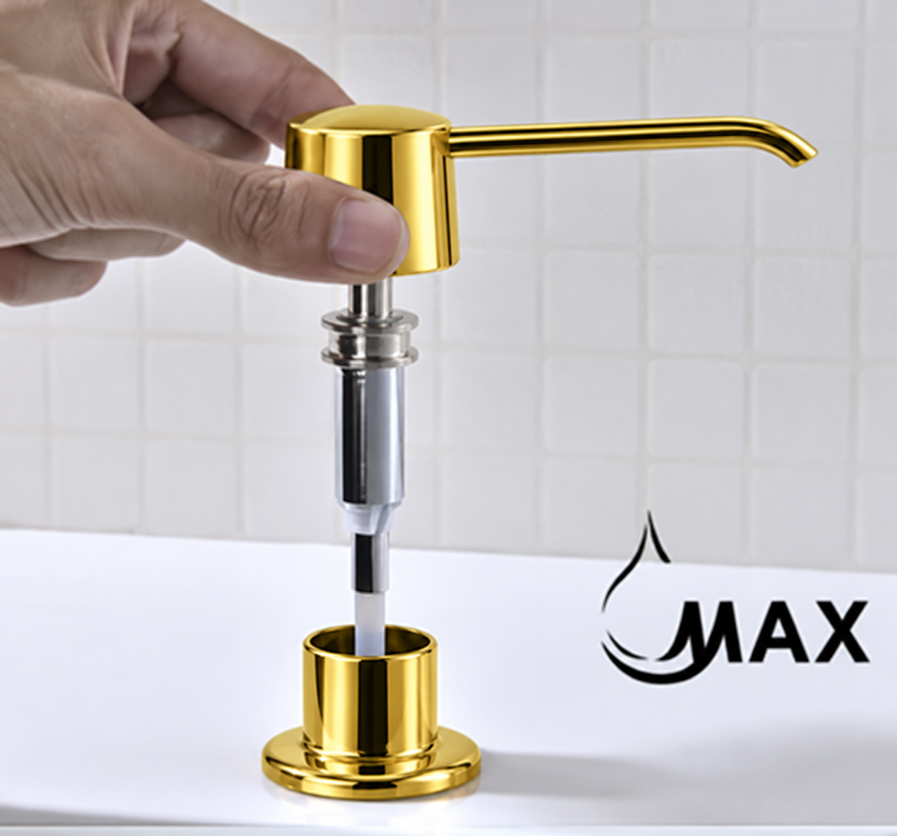 MAX Faucets® MP-12122-SG shiny gold soap dispenser showing the removable pump for top refilling.