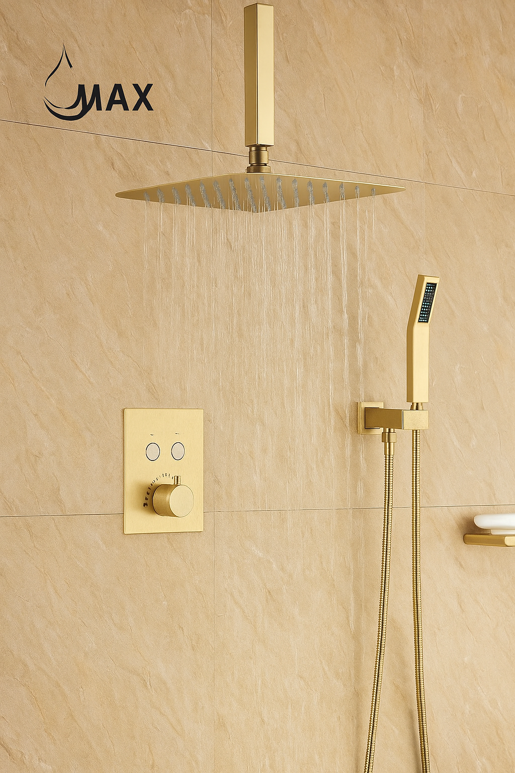 Ceiling Thermostatic Shower System Two Functions With Push-buttons Pressure Balance Valve Brushed Gold Finish