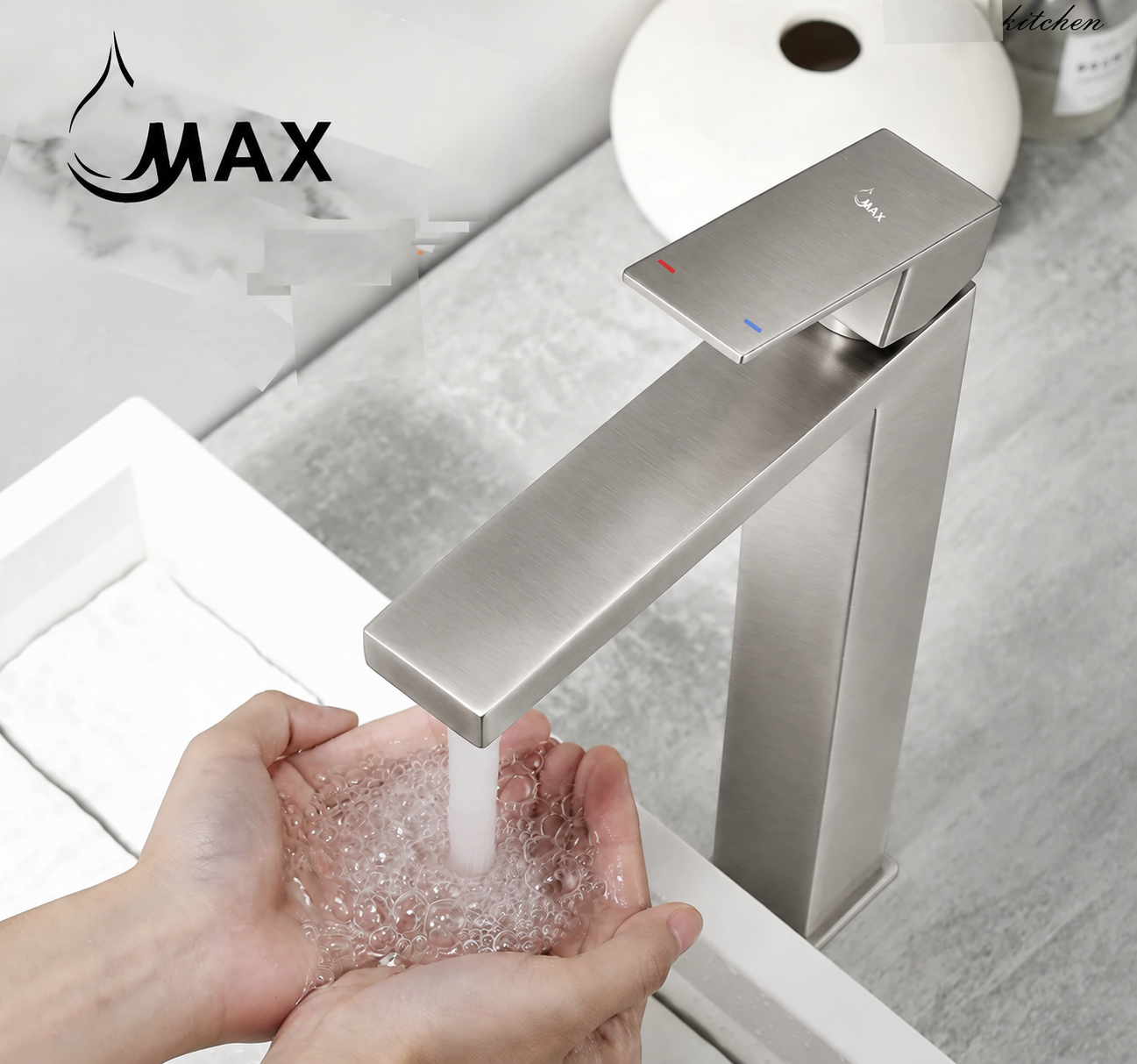 A modern single-handle bathroom faucet in brushed stainless steel, shown with water running into a person's hands over a white sink. The faucet has a sleek rectangular lever handle and a tall spout.