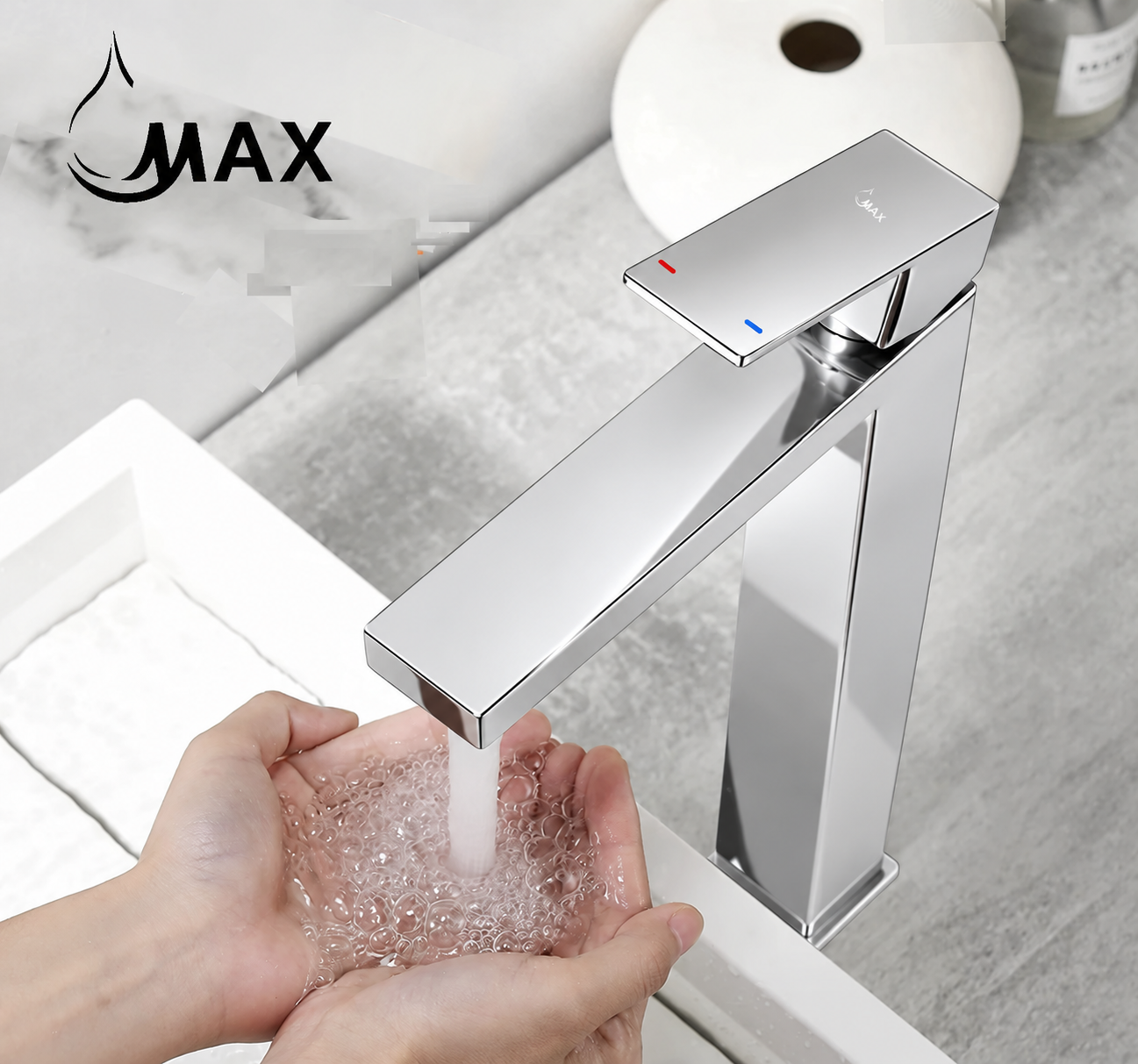 A modern chrome single-handle bathroom faucet with water running into a pair of hands, shown over a white sink. The faucet has a sleek rectangular spout and a flat control plate with red and blue temperature indicators.