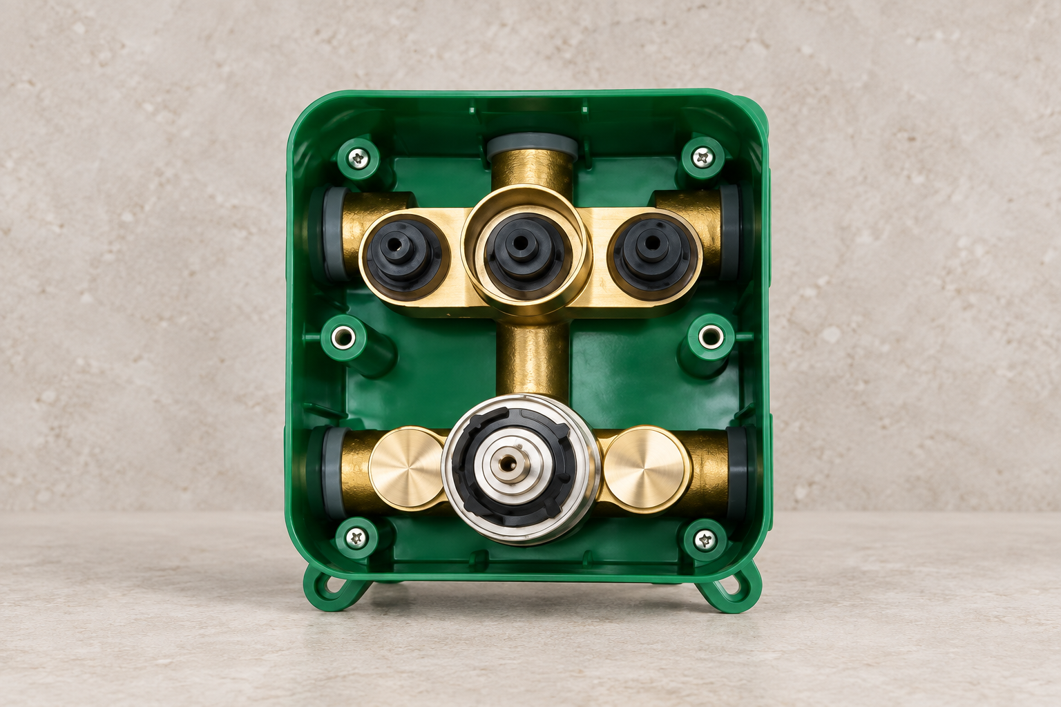 MAX Faucets brass thermostatic shower rough-in valve with three function cartridges and a temperature cartridge inside a green protective housing.