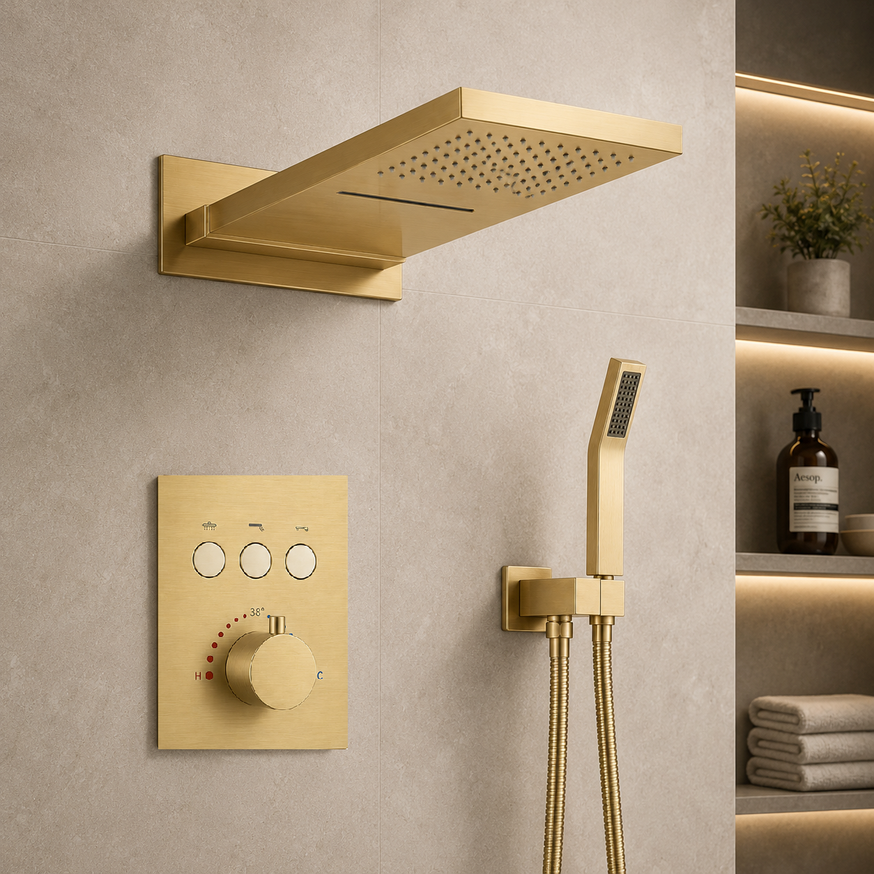 MAX Faucets thermostatic shower system with waterfall and rainfall shower head in brushed gold