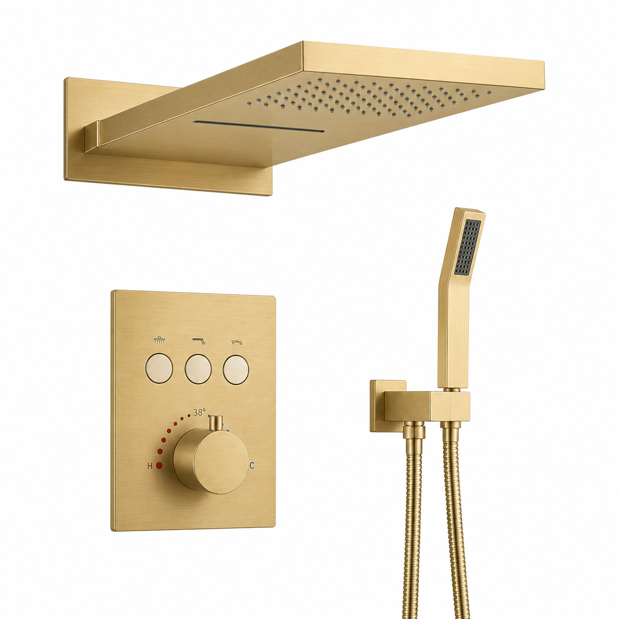 Gold shower head and control panel set on a white background