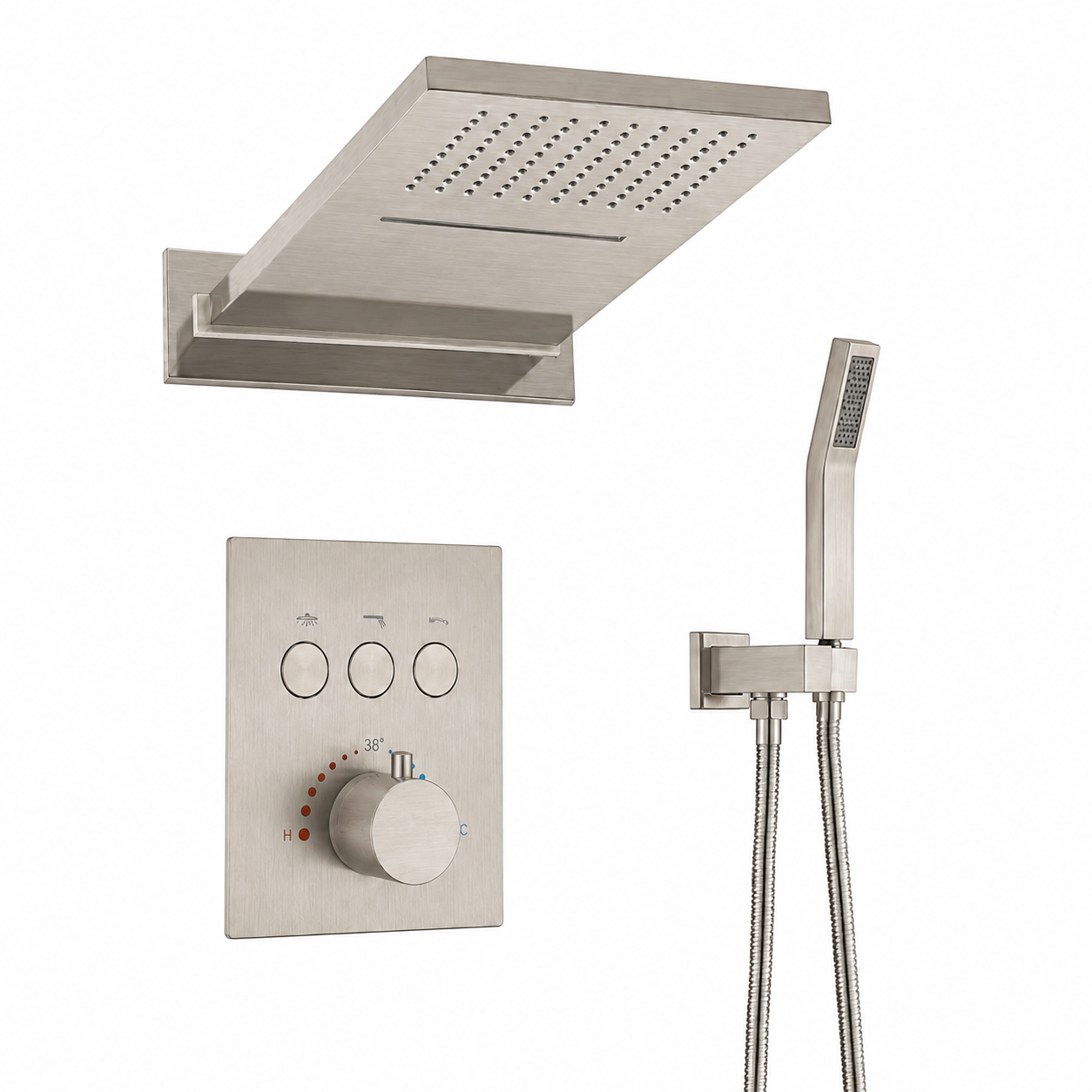 Complete MAX Faucets thermostatic shower system with waterfall rainfall shower head, handheld shower and pressure balance valve in brushed nickel