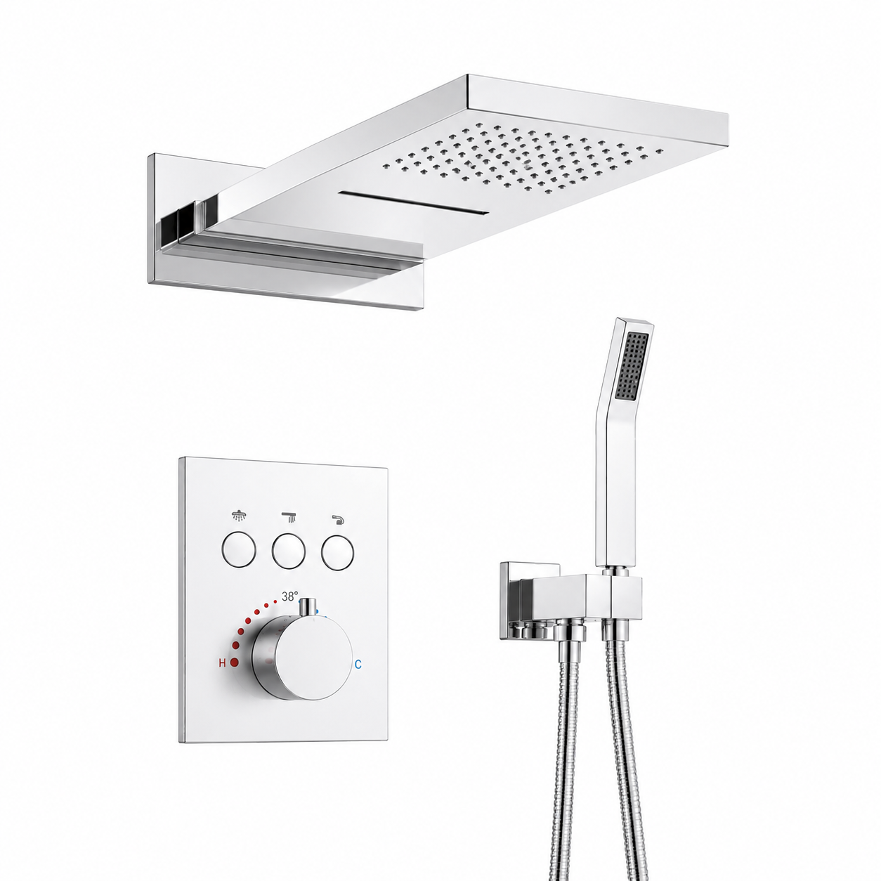 Chrome shower head and control panel on a white background