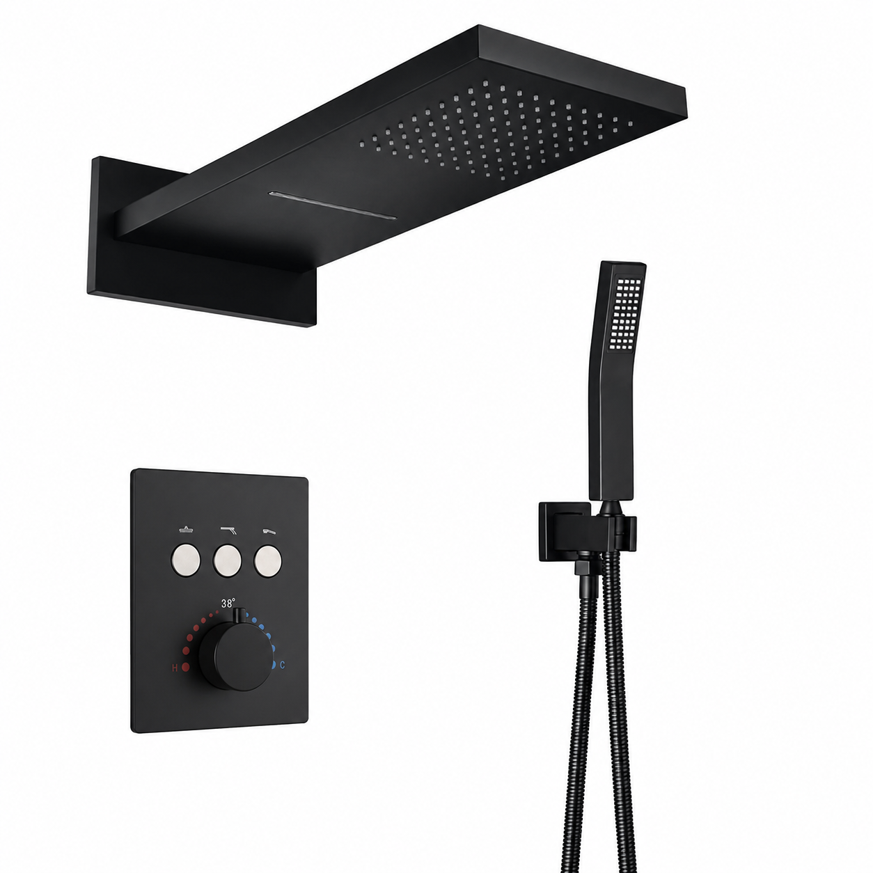 MAX Faucets thermostatic shower system with 22 inch waterfall and rainfall shower head, handheld shower and pressure balance valve in matte black