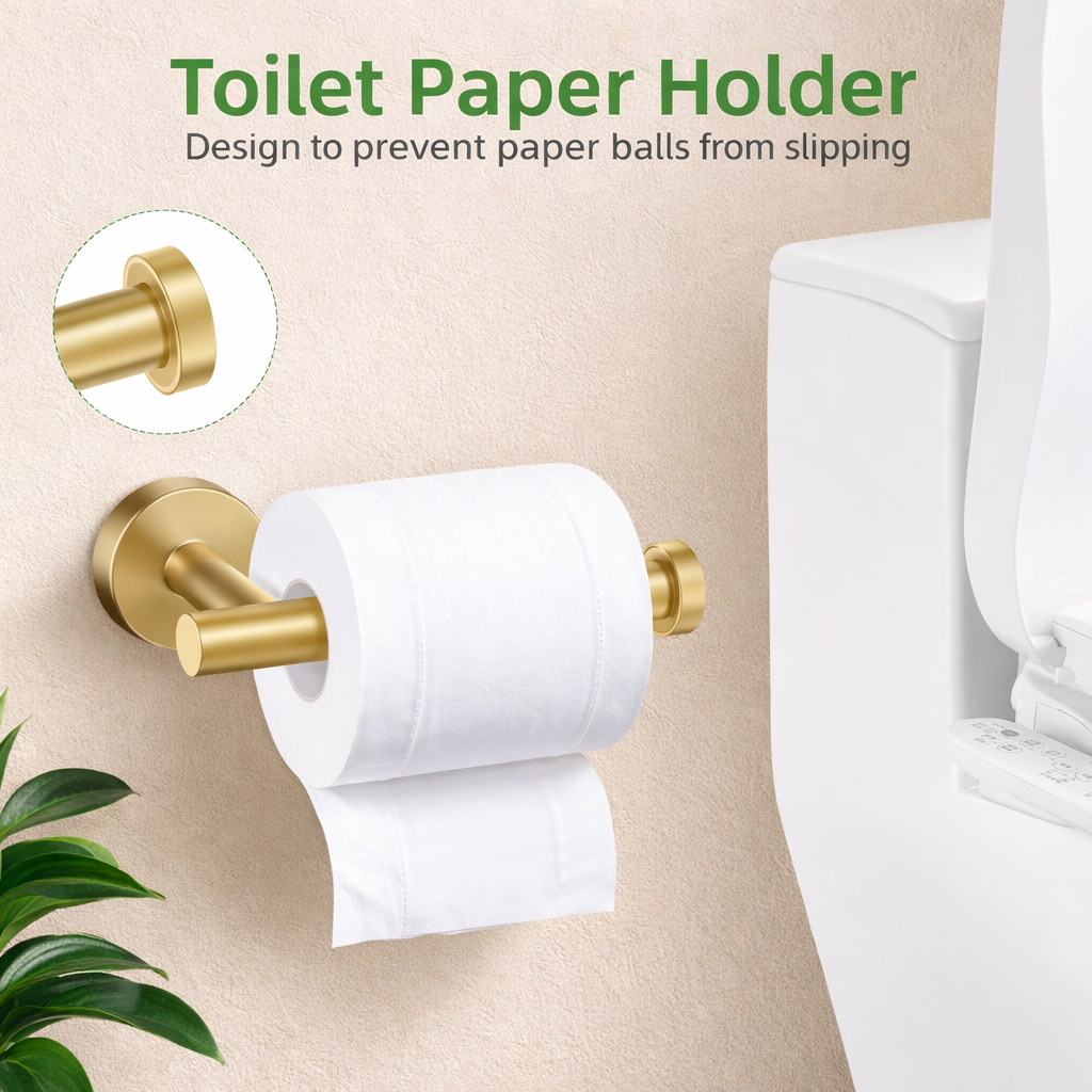 Modern brushed gold toilet paper holder with anti-slip design mounted beside toilet
