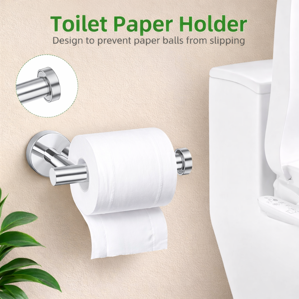 Wall-mounted chrome toilet paper holder designed to prevent roll slipping
