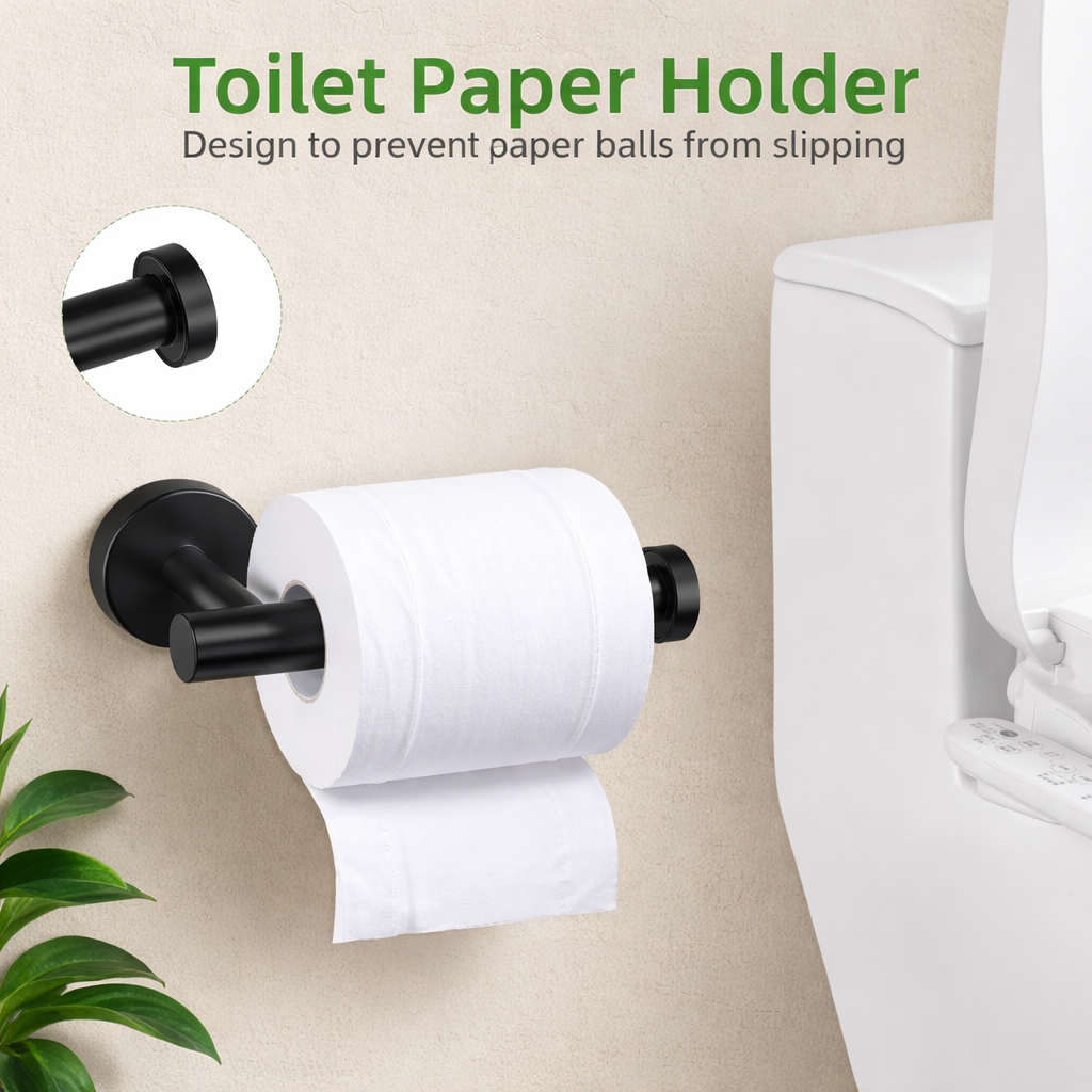 Modern matte black toilet paper holder with anti-slip design mounted beside toilet